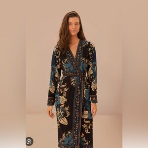 NWT Farm Rio Black Blossom Tapestry Lenzing™ Ecovero™ Viscose Midi Wrap Dress S